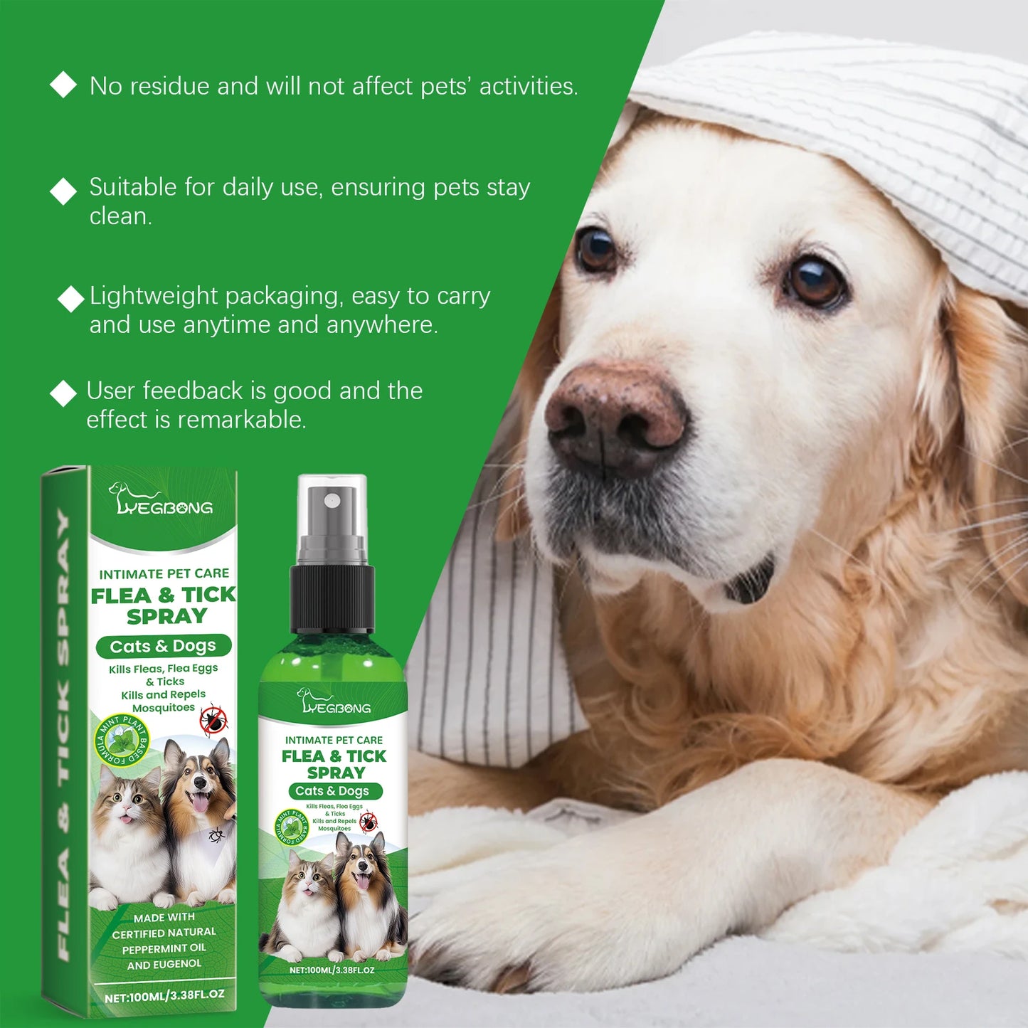 Flea & Tick Spray For Dogs & Cats - Gentle Daily Use Insect Repellent - Kills Fleas, Ticks & Lice - Safe Formula