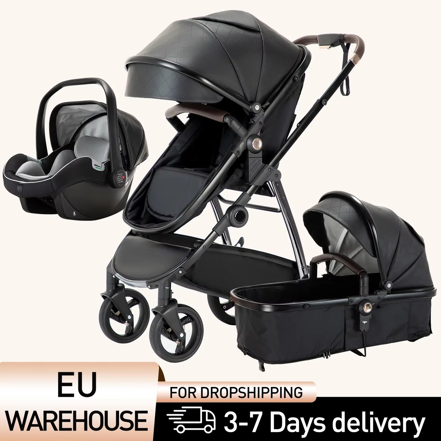 Baby stroller 3 in 1 Baby carriage Portable luxurious travel pram High landscape newborn baby stroller with baby carrier PU