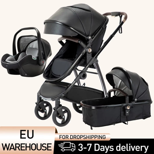 Baby stroller 3 in 1 Baby carriage Portable luxurious travel pram High landscape newborn baby stroller with baby carrier PU
