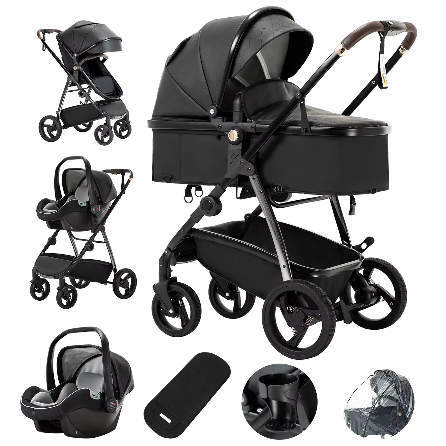 Baby stroller 3 in 1 Baby carriage Portable luxurious travel pram High landscape newborn baby stroller with baby carrier PU