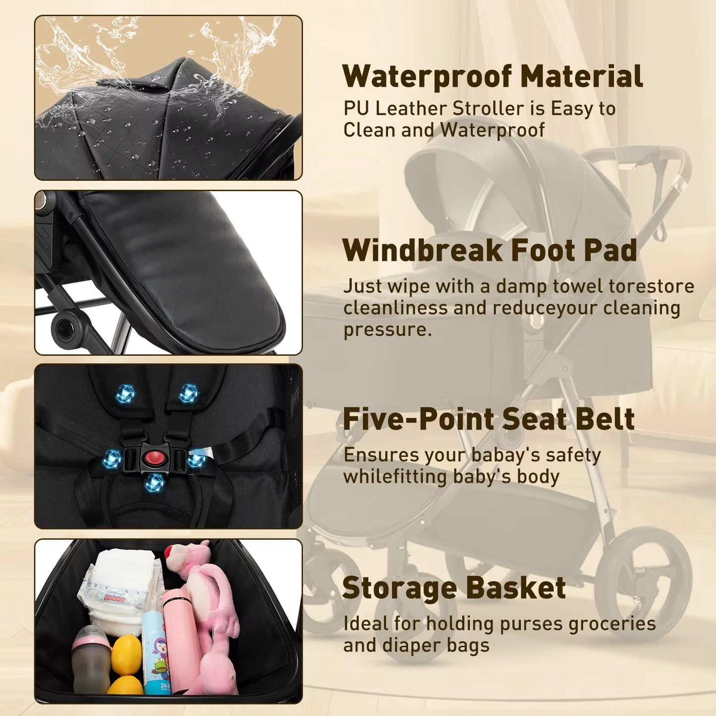 Baby stroller 3 in 1 Baby carriage Portable luxurious travel pram High landscape newborn baby stroller with baby carrier PU