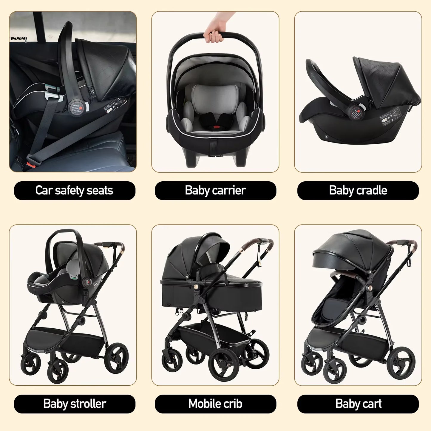 Baby stroller 3 in 1 Baby carriage Portable luxurious travel pram High landscape newborn baby stroller with baby carrier PU