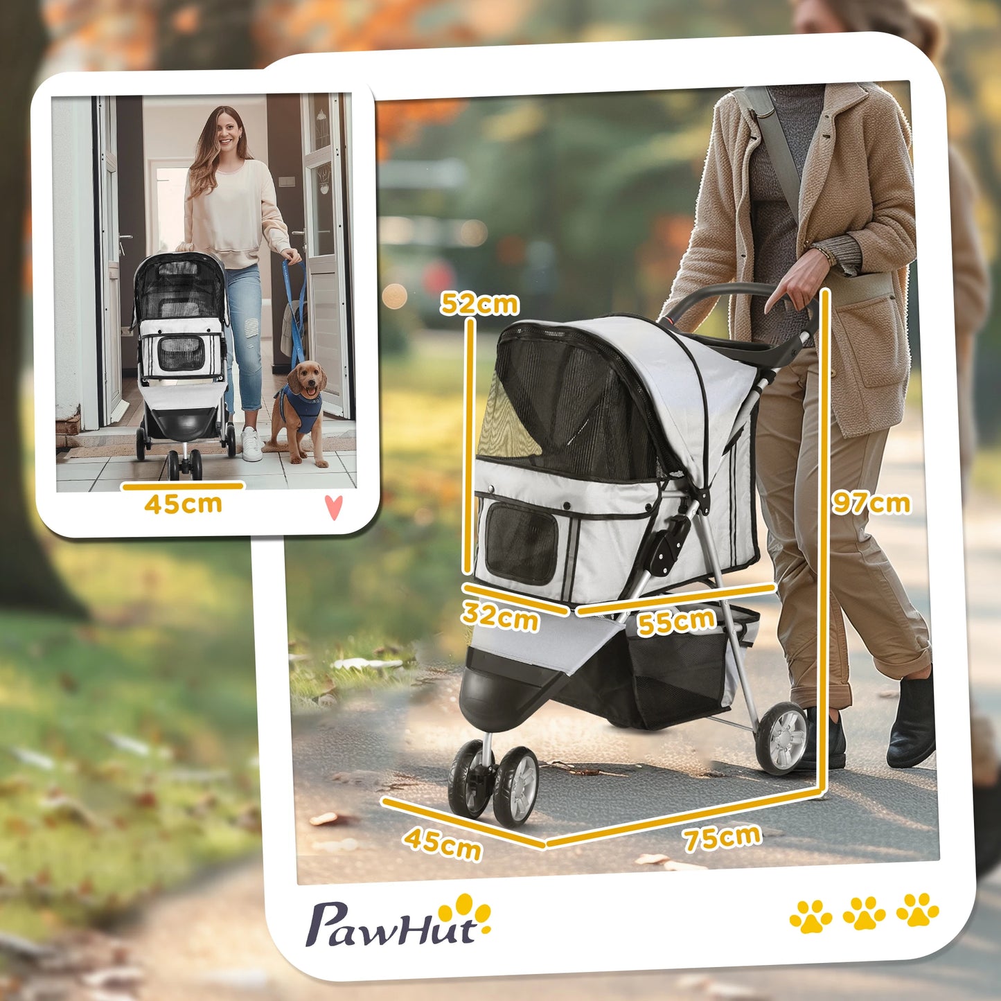 PawHut Pet Stroller Pushchair Carrier for Cat Puppy with 3 Wheels