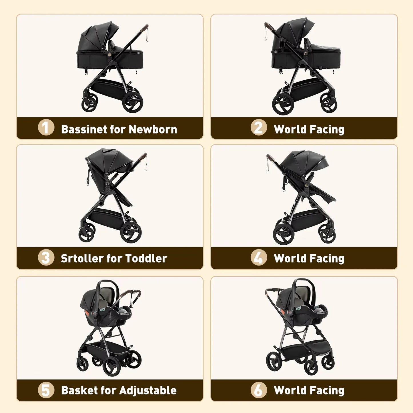 Baby stroller 3 in 1 Baby carriage Portable luxurious travel pram High landscape newborn baby stroller with baby carrier PU