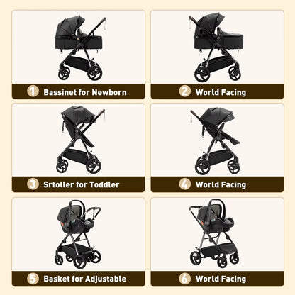 Baby stroller 3 in 1 Baby carriage Portable luxurious travel pram High landscape newborn baby stroller with baby carrier PU